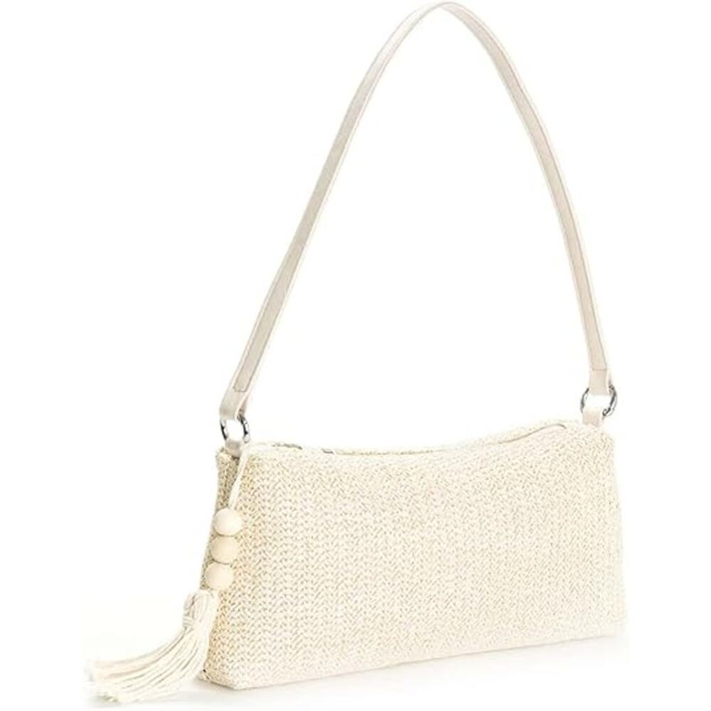 New Oyoangle Mini Tan Woven Straw Zip Up Tassel One Strap Shoulder Handbag Purse